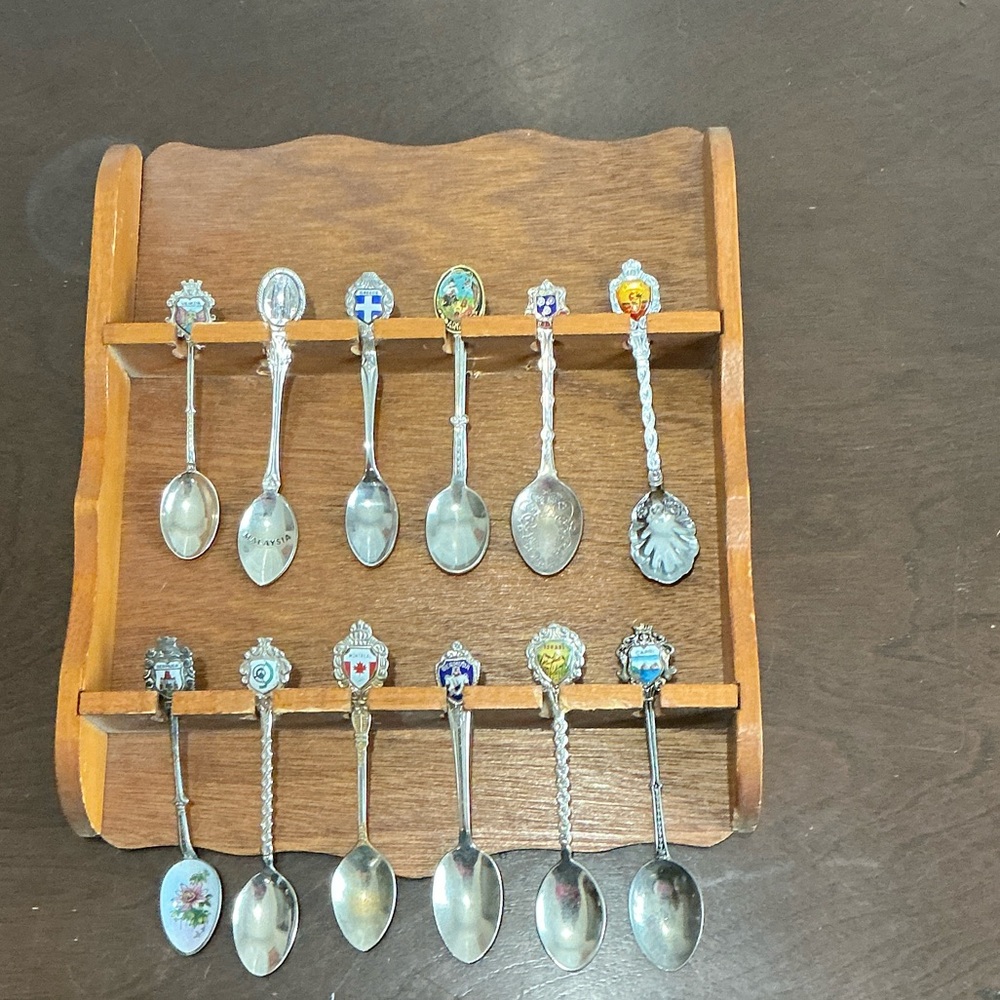 Vintage Spoon Collection 12 Pcs. on Wood Display Rack